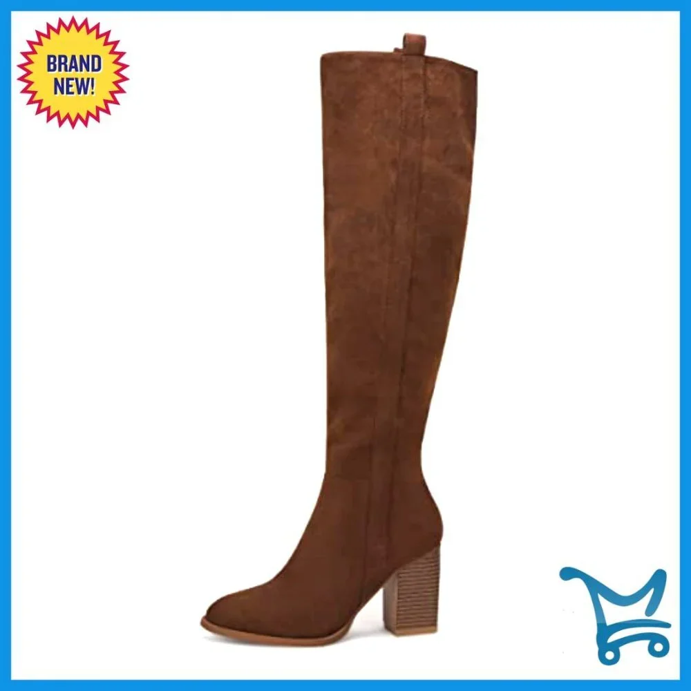Faux Suede Knee High Boots Side Zipper Chunky Heel Stretch Winter